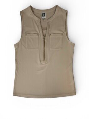 Anne Klein Sleeveless Top Small Camel Tan V-Neck Half Zip NWOT READ Snags